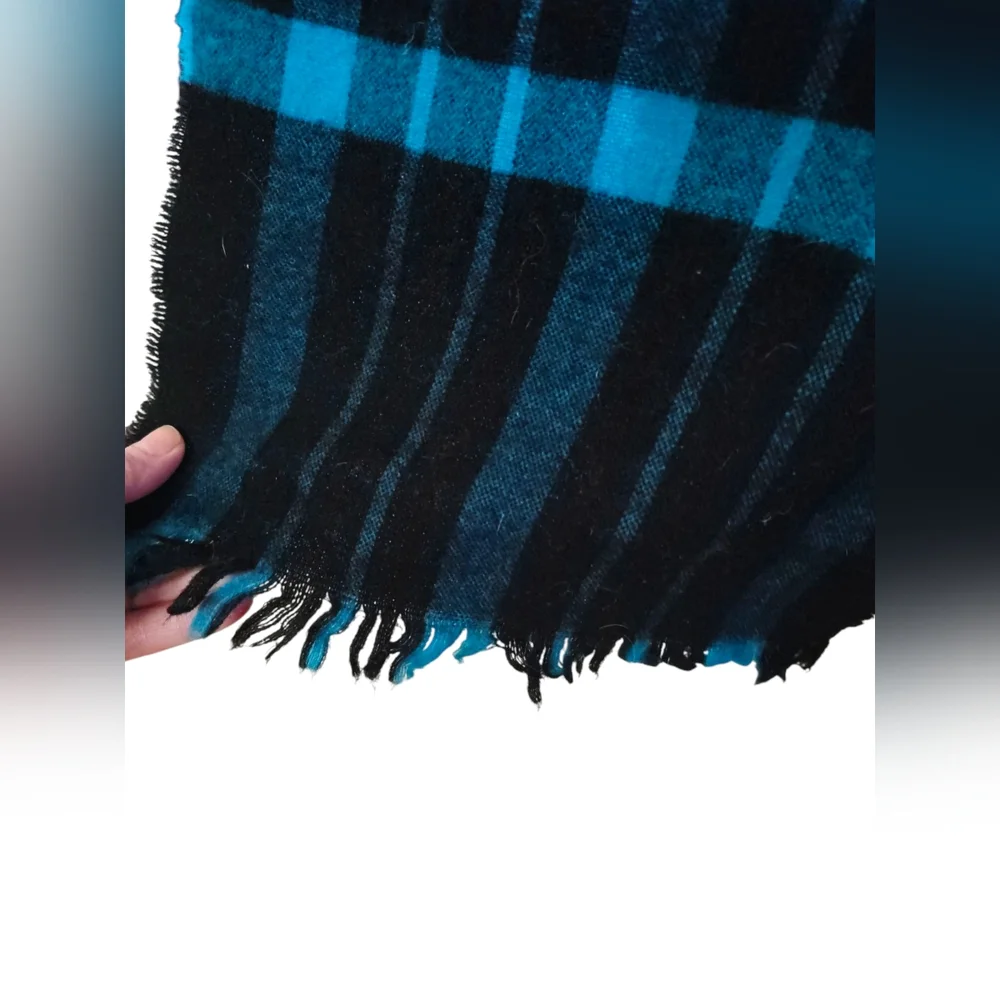 Unbranded Unisex Fleece Blue/Black Plaid Fringe Trim Winter Scarf OSFA